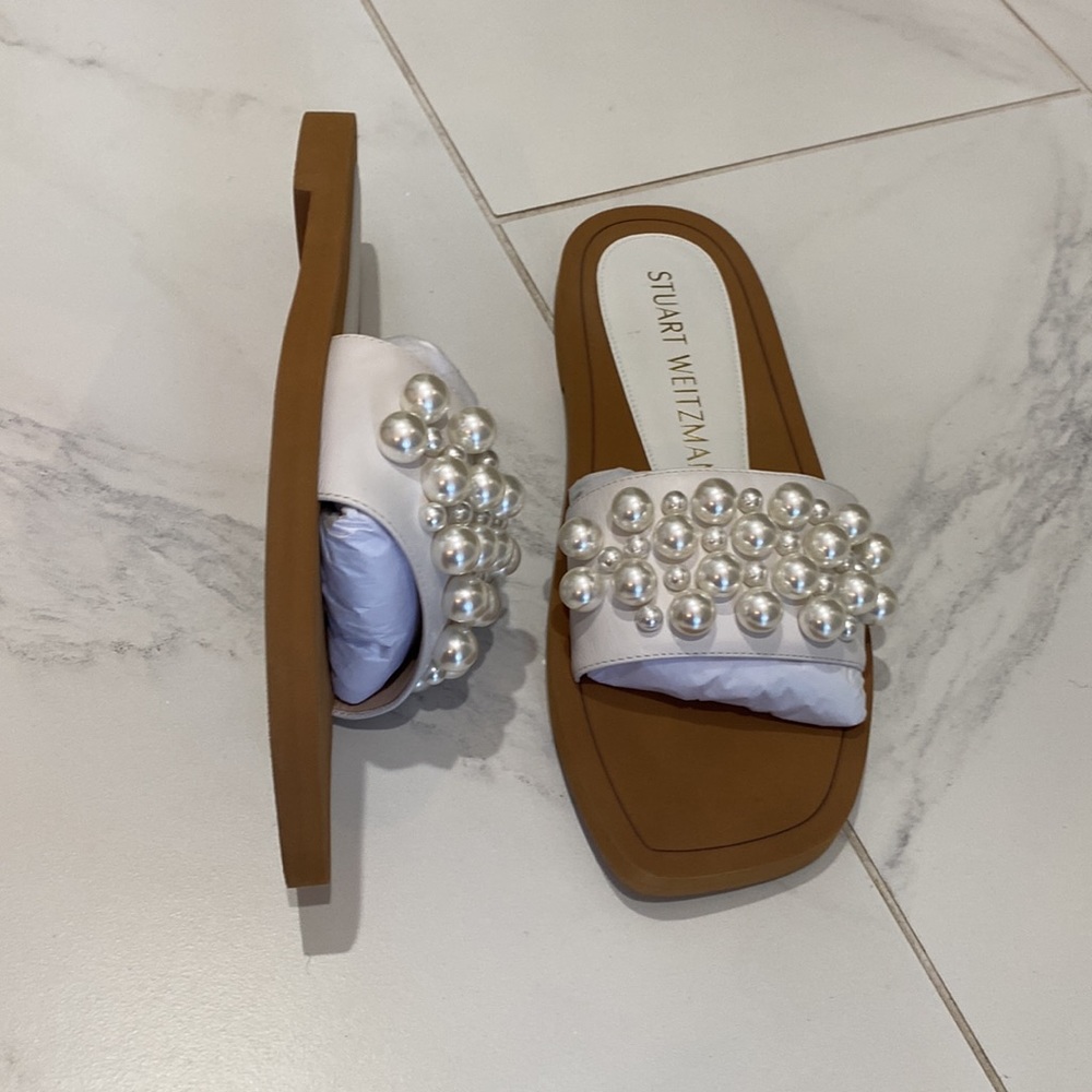 These are Stuart Weitzman sandals, brown and white with pearl embellishments. - Picture 2 of 2